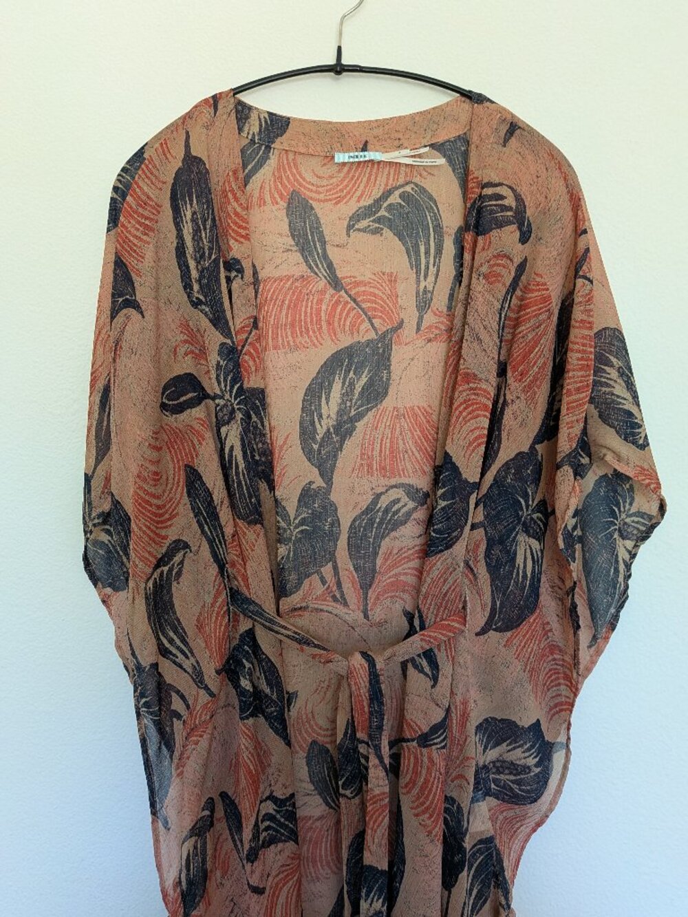Anthropologie Kimchi Blue Kimono Feather Print Tan Black Piano Fringe Boho Sz Sm